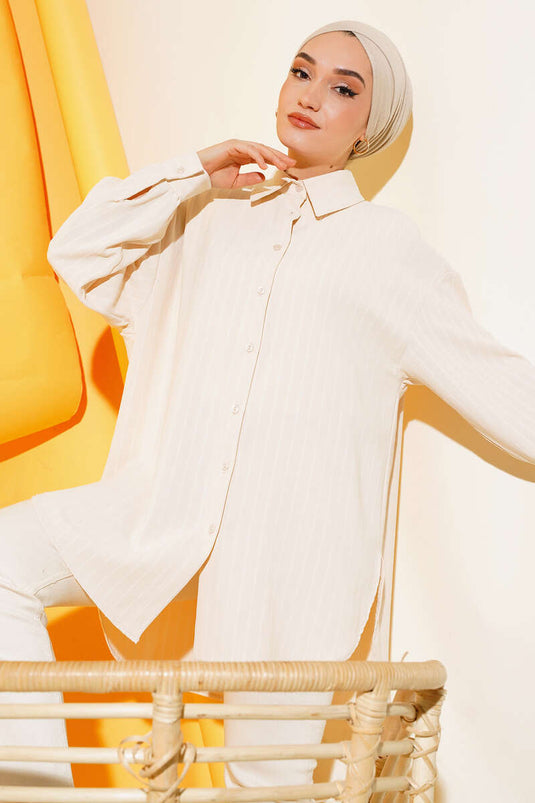 Thick Striped Oversized Shirt Beige