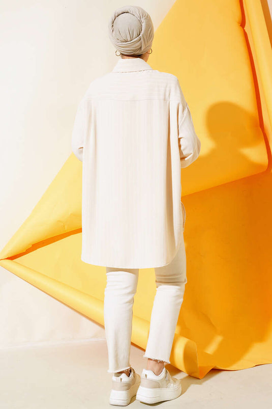 Thick Striped Oversized Shirt Beige