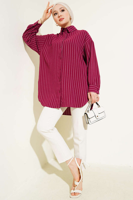 Thick Striped Oversized Shirt Burgundy