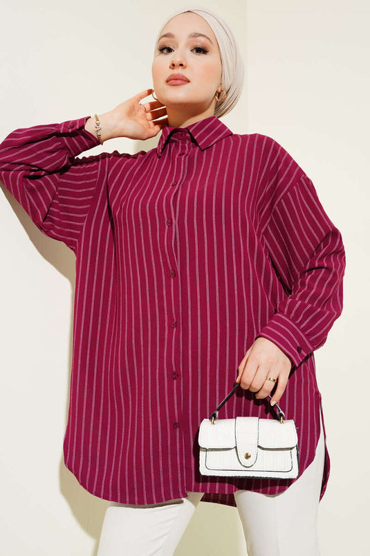 Thick Striped Oversized Shirt Burgundy