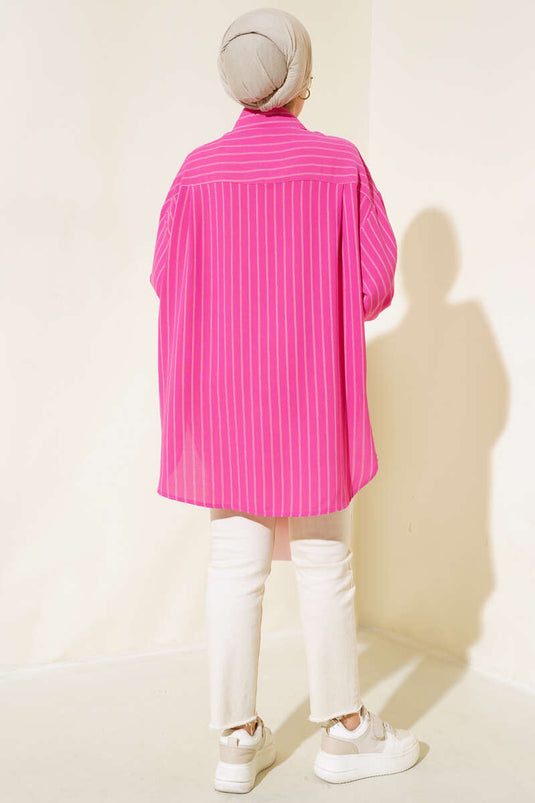 Dik Çizgili Salaş Gömlek Fuşya
