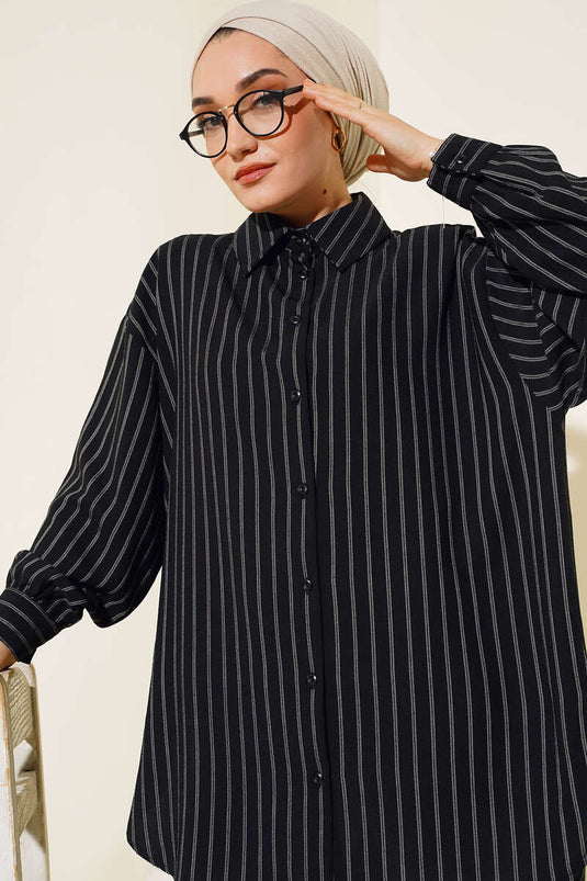 Thick Striped Oversized Shirt Black