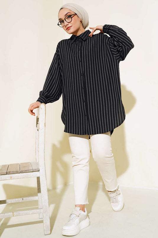 Thick Striped Oversized Shirt Black