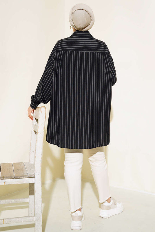Thick Striped Oversized Shirt Black