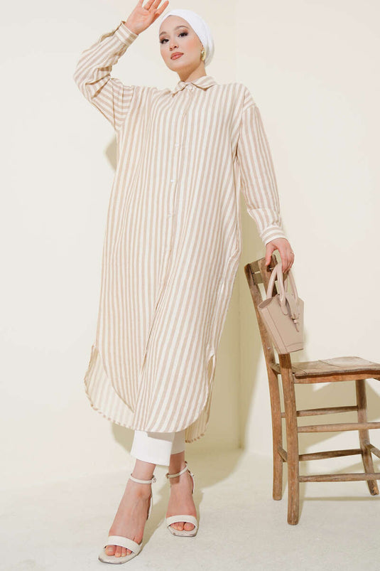 Vertical Striped Long Linen Shirt Latte
