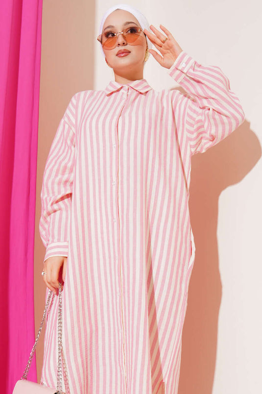Vertical Striped Long Linen Shirt Powder