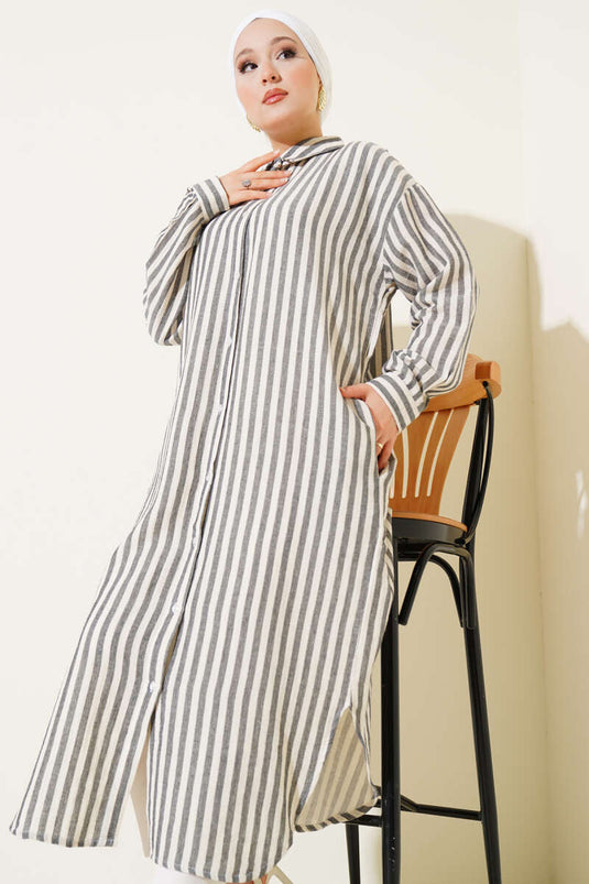 Vertical Striped Long Linen Shirt Black