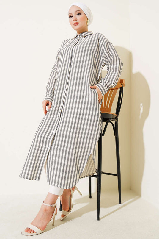 Vertical Striped Long Linen Shirt Black