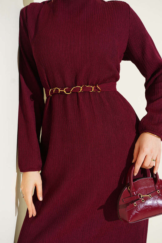 Robe basique à ceinture plissée bordeaux