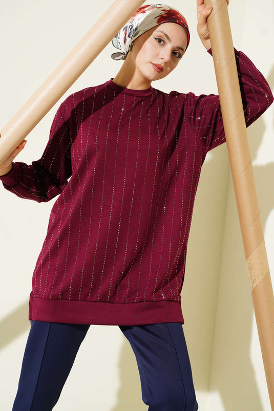 Straight Stripe Beaded Loysha Tunic Burgundy