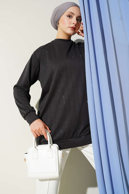 Straight Stripe Beaded Loyşa Tunic Smoke Gray