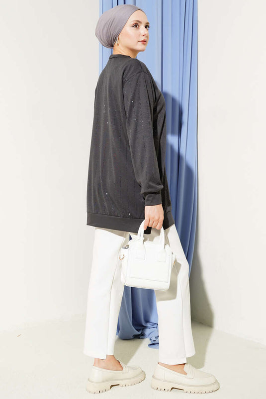 Straight Stripe Beaded Loyşa Tunic Smoke Gray