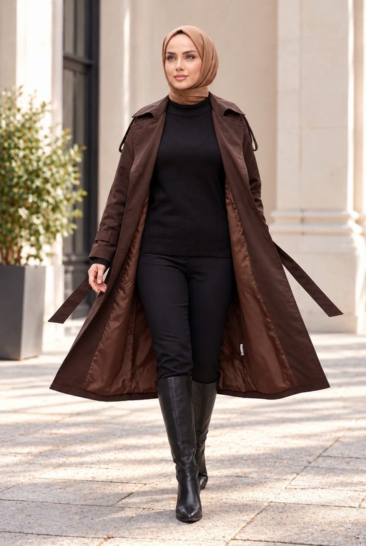 Long Trench Coat With Padded Collar In Coffee