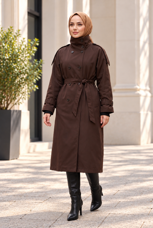 Long Trench Coat With Padded Collar In Coffee