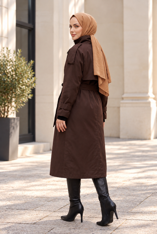 Long Trench Coat With Padded Collar In Coffee