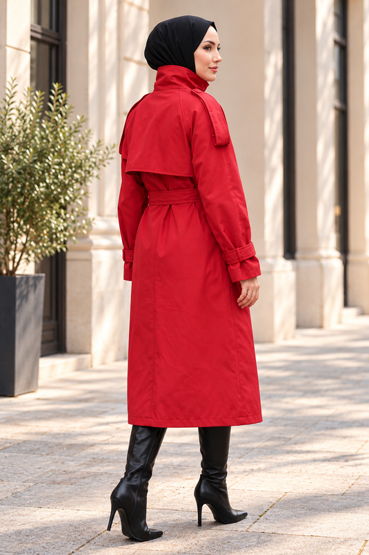 Gabardina Larga Roja Con Cuello Ancho Y Forro
