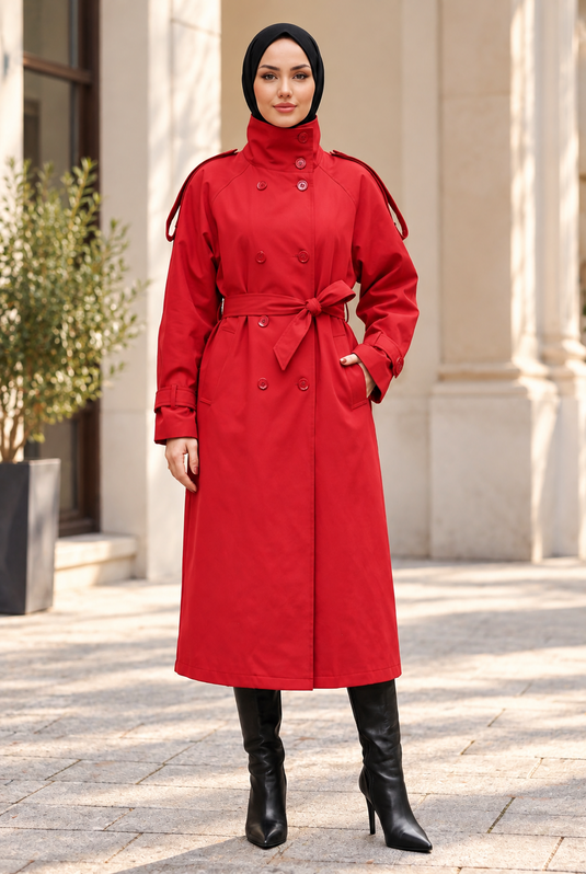 Gabardina Larga Roja Con Cuello Ancho Y Forro