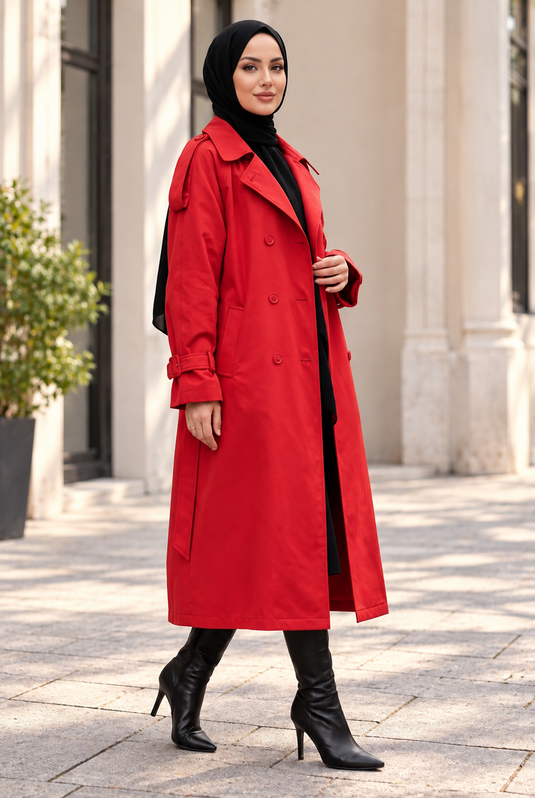 Gabardina Larga Roja Con Cuello Ancho Y Forro