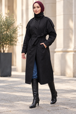 Trench-Coat Long Avec Col Matelassé Noir