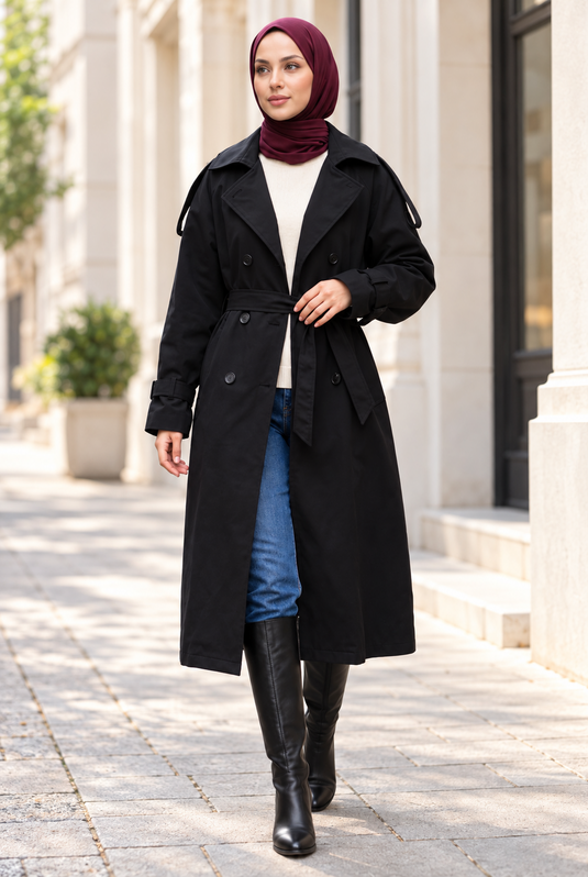 Abrigo Trench Largo Con Cuello Acolchado En Negro