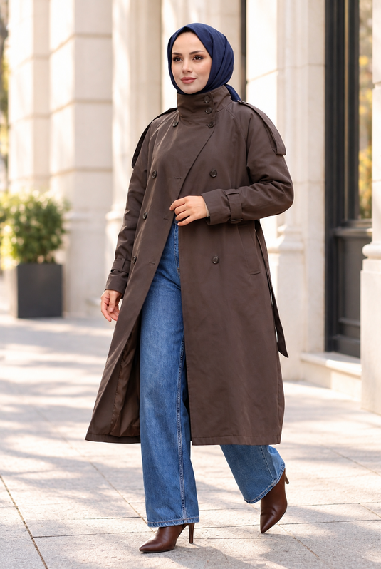 Trench-Coat Long À Col Matelassé En Mink