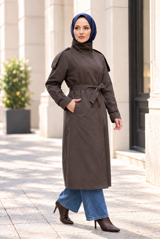Trench-Coat Long À Col Matelassé En Mink