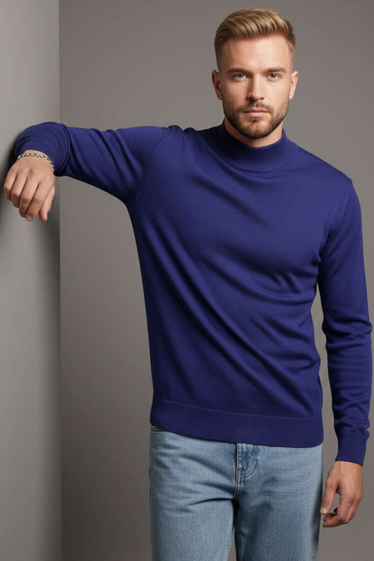 Pull homme basique en tricot à col montant bleu marine