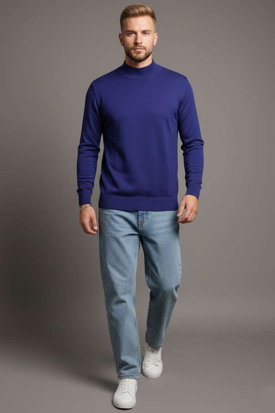 Pull homme basique en tricot à col montant bleu marine