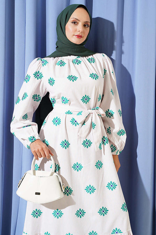 Vestido De Cuello Alto Con Estampado Floral Y Adornos