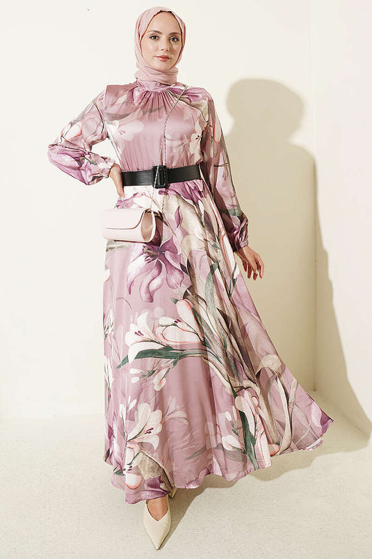 Robe En Satin À Col Long Et Motif Floral Violet