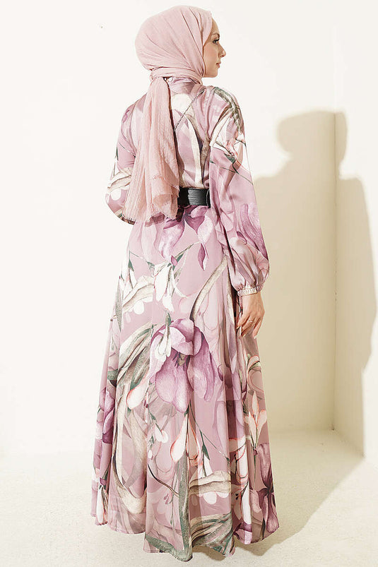 Robe En Satin À Col Long Et Motif Floral Violet