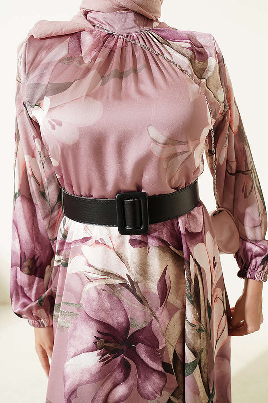 Robe En Satin À Col Long Et Motif Floral Violet