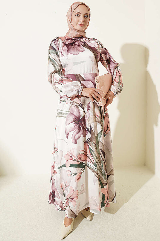Robe En Satin Floral À Col Long En Rosewood