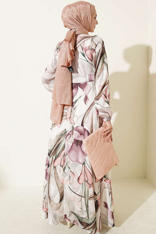 Robe En Satin Floral À Col Long En Rosewood