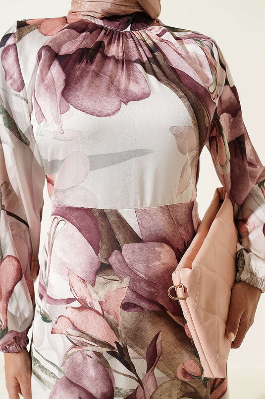 Robe En Satin Floral À Col Long En Rosewood