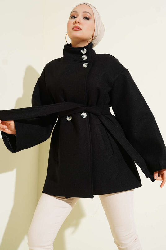Manteau en laine à col montant avec boutons Noir