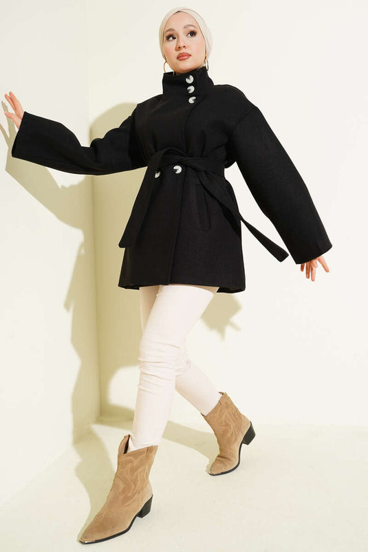 Manteau en laine à col montant avec boutons Noir