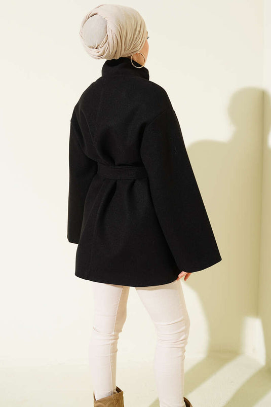 Manteau en laine à col montant avec boutons Noir