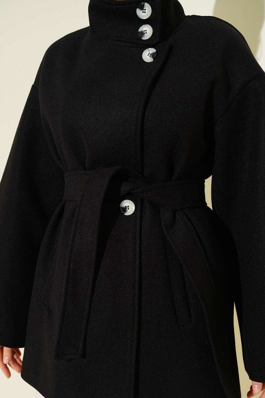 Manteau en laine à col montant avec boutons Noir