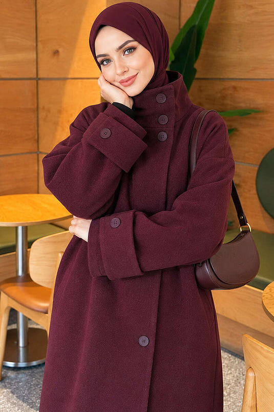 Dik Yaka Düğmeli Oversize Kaşe Kaban Bordo