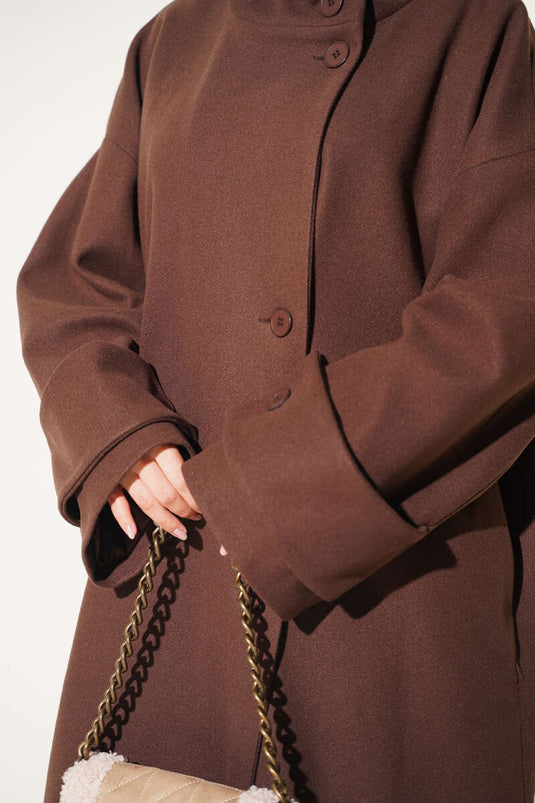 Brown Oversized Button-Up Wool Coat With Wide Collar