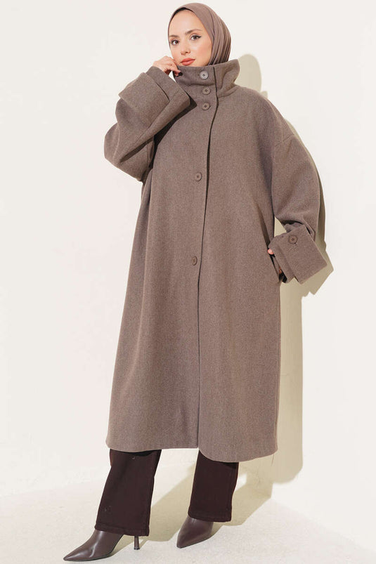 Long Collar Buttoned Oversized Camel Wool Coat