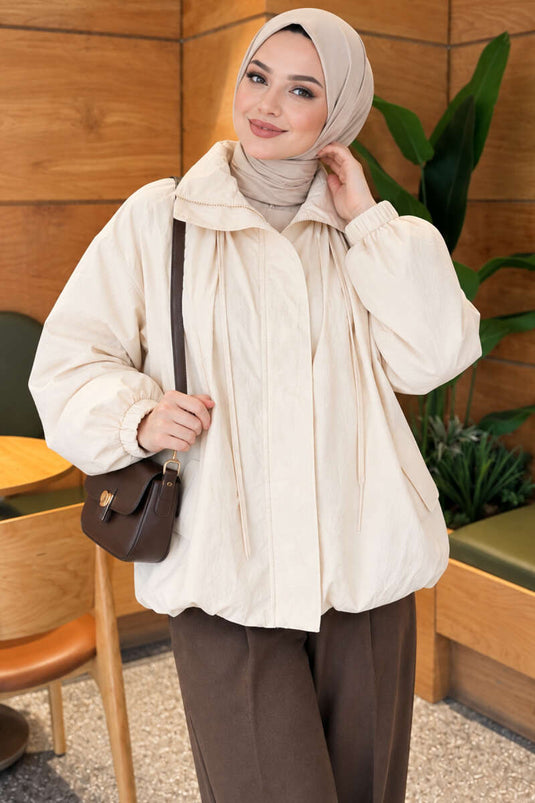 Ecru Zip-Up Bomber Jacket With Stand Collar