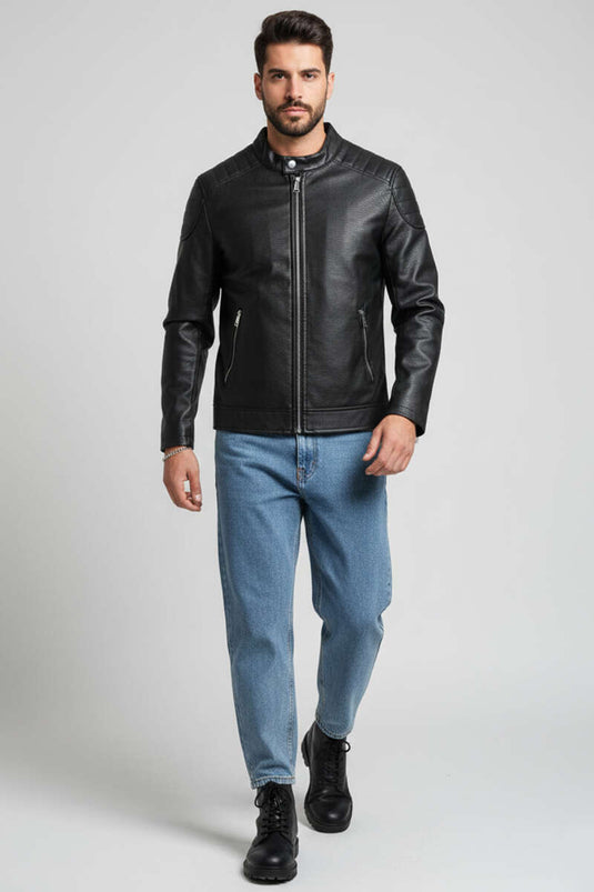 Veste en cuir noir à col montant et fermeture éclair pour homme
