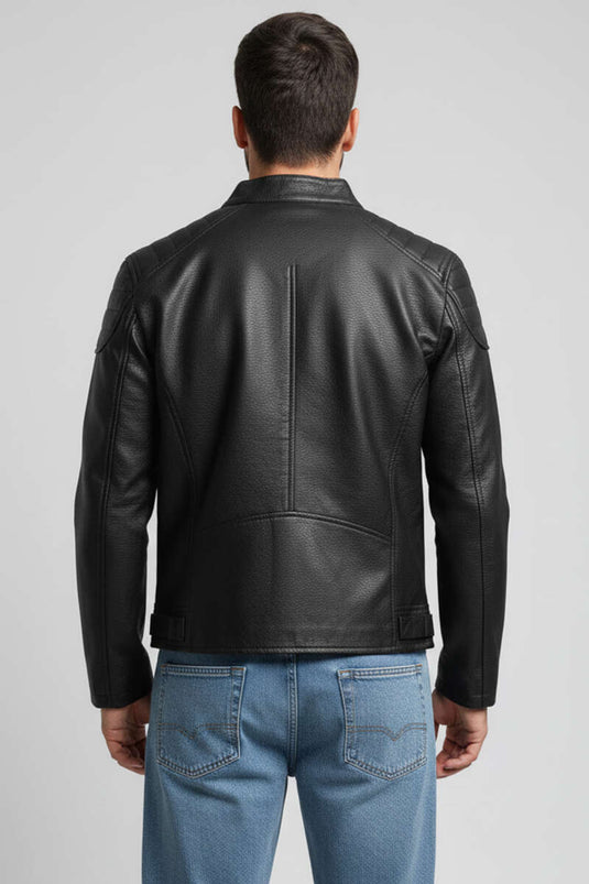 Veste en cuir noir à col montant et fermeture éclair pour homme