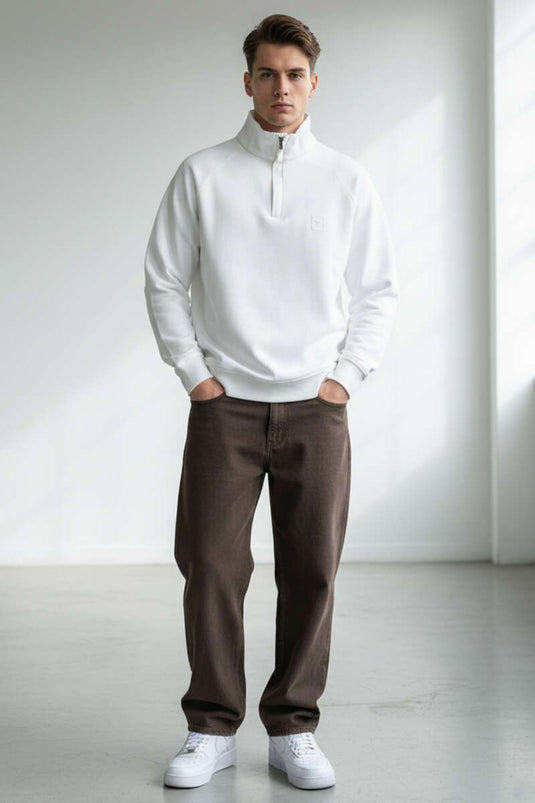 High Collar Zippered Men's Sweatshirt White