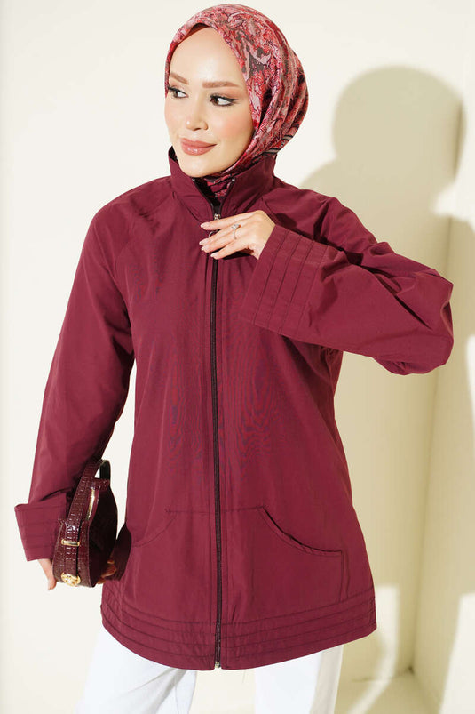Cappotto Bordeaux Con Zip E Collo Alto