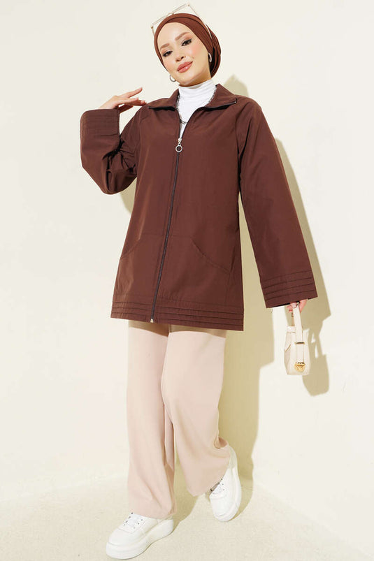 Cappotto Marrone Con Zip E Cappuccio