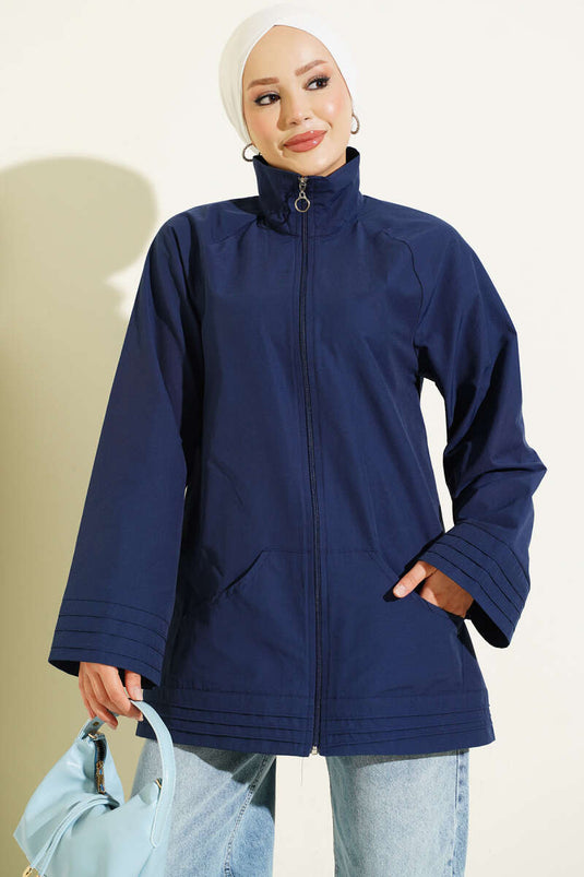 Manteau Bleu Marine À Fermeture Éclair Et Col Haut