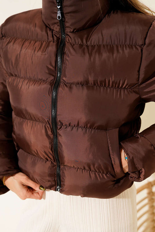 Stand-up Collar Zip-Up Short Puffer Jacket, Brown